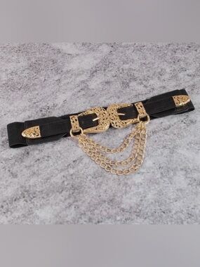 Black Elastic Waist Belt with Gold Filigree Buckles and Chain Accent